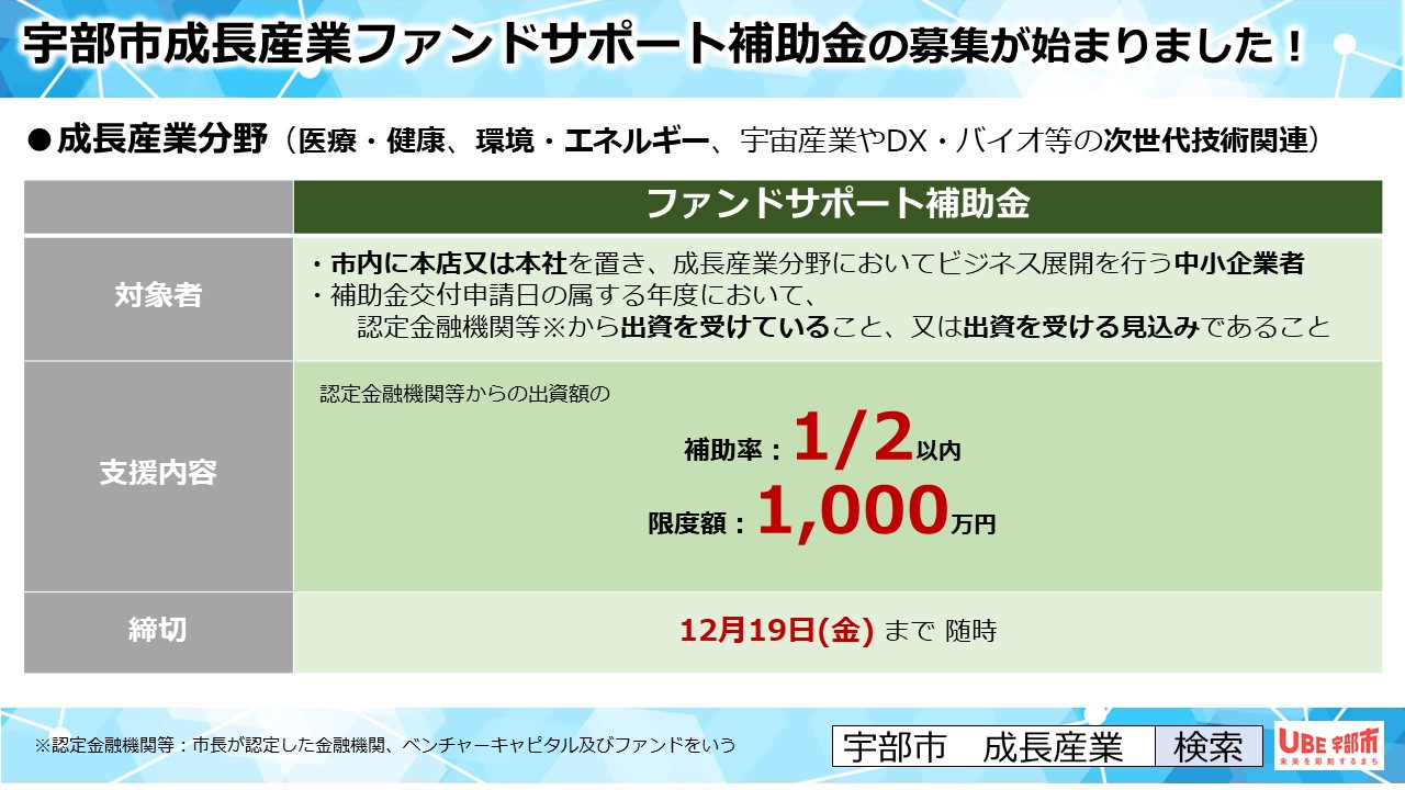 令和７年度 宇部市成長産業ファンドサポート補助金　補助事業者の募集R70901