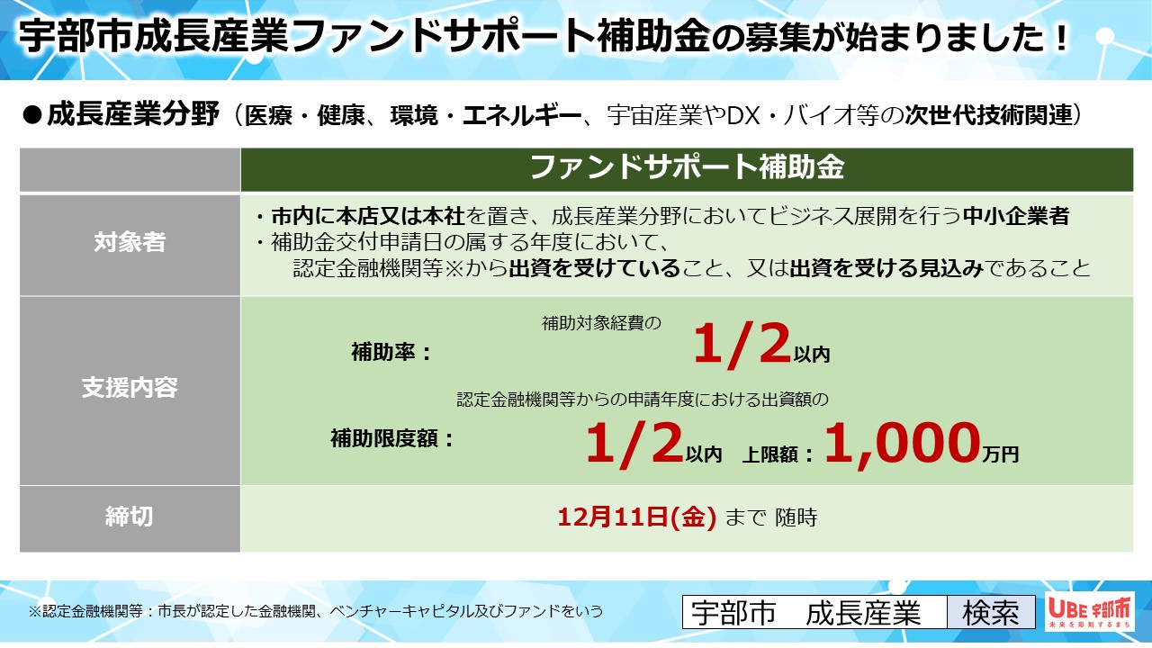 令和８年度 宇部市成長産業ファンドサポート補助金　補助事業者の募集R80910